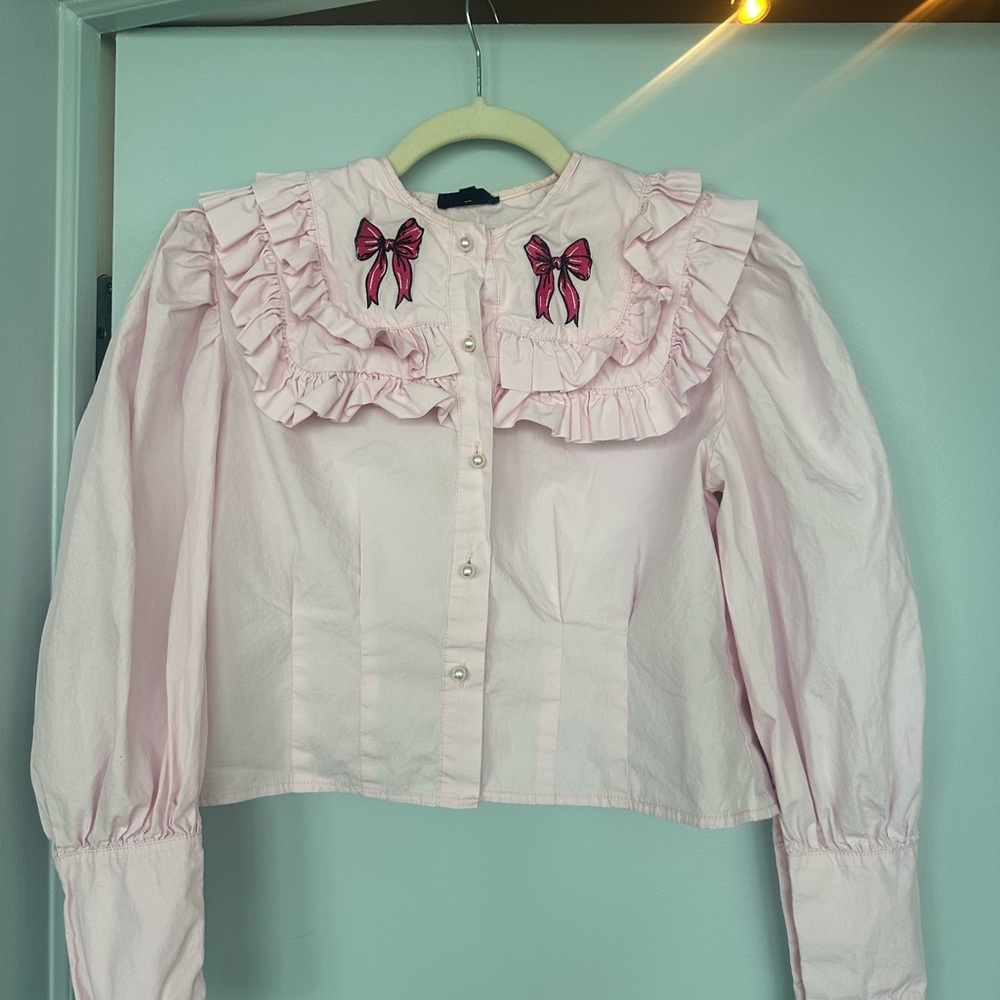 Sister Jane Ruffled Blouse with Bows and Pearls